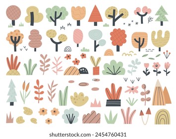 Nature elements  collection. Hand drawn woodland trees, herbs, mushrooms, flowers, branches, leaves. Wild botanical set. Vector illustration