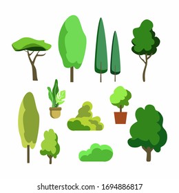 Nature elements collection. Set of green cartoon plants and trees. . isolated Clip Art.
