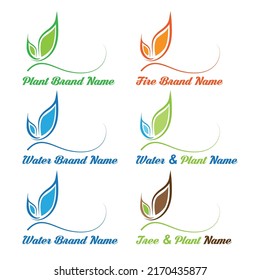 Nature elements ecologic logo design. Plant, fire, water icon or emblem idea.