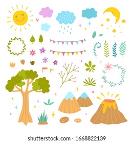 Nature elements and objects vector set. Tree, mountains, botanical elements, sun and moon illustrations for children isolated on white background