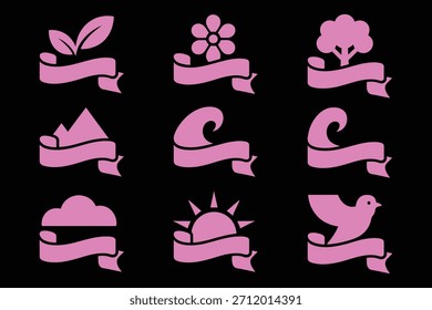 Nature elements with ribbons leaves flower