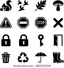 nature elements safety symbols and household items in silhouette style