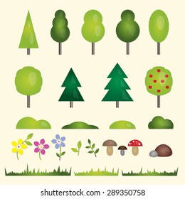 Nature elements set. Forest and garden flat symbols of the landscape: trees, fir-trees, spruce, bushes, grass, stones, flowers and mushrooms. Colorful vector icons. 
