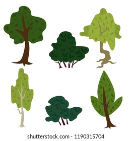 Nature elements set isolated cartoon trees  and bushes. Vector illustration.