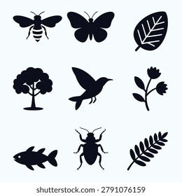 Nature Elements Silhouette Collection with Animals Plants and Insects