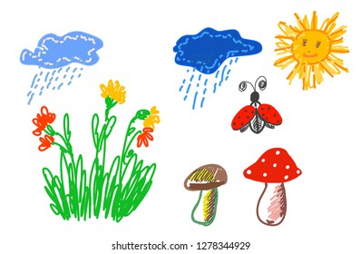 Nature elements in style as kids draw. Freehand sun, clouds, rain, grass, flowers, ladybug, mushrooms, fly agaric. Lovely cartoon characters for kids room interior, posters, prints