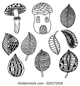 Nature elements vector set in doodle style. Floral, ornate, decorative, tribal, forest design elements. Black and white illustration. Grass, mushrooms, leaves. Zentangle coloring book page