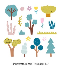 Nature elements vector set. Trees, plants, floral clipart on white background