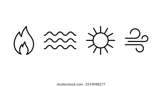 Elementos da natureza água, fogo, ar e sol conjunto de ícone de linha. Ondas, chamas, vento e sol. Sinal de ambiente. Ilustração de vetor plano