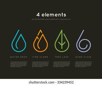 Nature elements. Water, Fire, Earth, Air. Infographic elements on dark background. Nature logo. Alternative energy sources. Fire line logo. Water line logo. Air line logo. Earth line logo. Eco logo