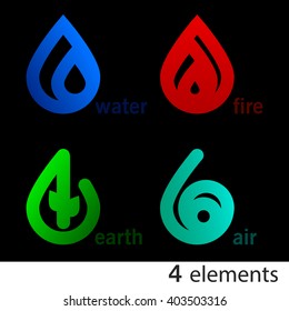 Nature elements. Water, Fire, Earth, Air. Infographics elements on dark background. Templates for renewable energy or ecology logos, emblems or cards. Alternative energy sources