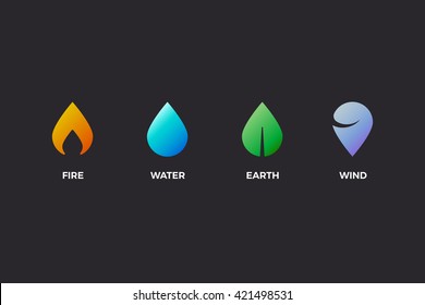 Nature elements. Water, Fire, Earth, Air. Design elements on dark background. Templates for renewable energy or ecology logos, emblems or cards. Alternative energy sources