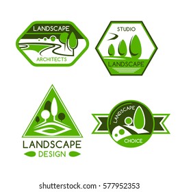 Nature emblem of green park and garden view with trees, plants, lawns and paths. Landscaping services, landscape design or architecture sign