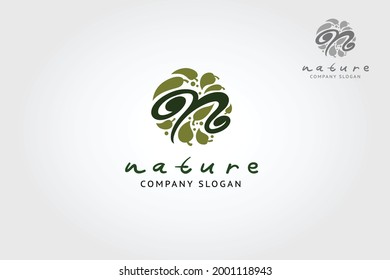 Nature Emblem Vector Logo Template. Illustration of an elegant and luxurious Logo. In the leaf image there is the letter N or initials.