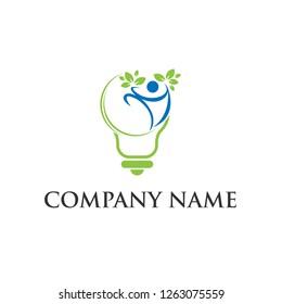 Nature and energy logo concept. People shape with leaf and bulb logo design concept template
