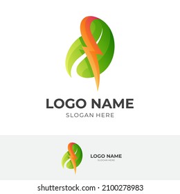 logotipo de energía de la naturaleza, trueno y hoja, concepto de logotipo combinado con estilo de color amarillo y verde 3d