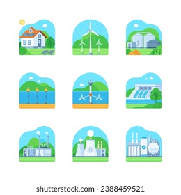 Nature - Environment - Climate Change - Renewable Energy - Green Energy Power Plants Isolated on White Background
