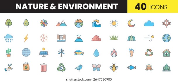 Nature and Environment Color Icon Set – Vibrant Vector Icons of Eco Elements, Green Energy, Wildlife, and Natural Landscapes