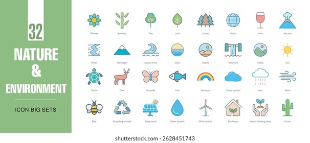 Nature and Environment Colorful Vector Line Art Icon Set  Eco, Green, and Outdoor Themed Designs