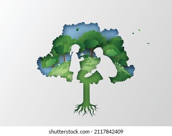 nature and environment concept with dad and daughter plant a tree .paper cut and digital craft style.