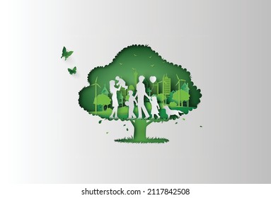 nature and environment concept with happy family in the tree frame .paper cut and digital craft style.