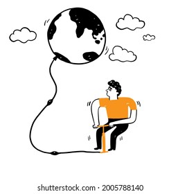 Nature and environment concepts, global warming, conservation, young conservationists are using something to pump air into something like a globe. Vector Illustration Hand drawing doodle style