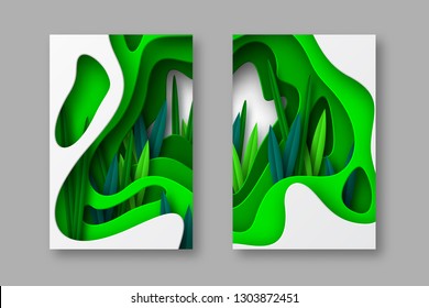 Nature and environment conceptual posters, papercraft layered art. Shapes with shadow and leaves in different green tones. Ecology, spring or summer time cards. Vector illustration.