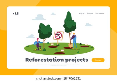 Nature, Environment and Ecology Landing Page Template. Male Characters Planting Trees into Soil in Garden, Save World, Reforestation. Global Environmental Movement. Cartoon People Vector Illustration
