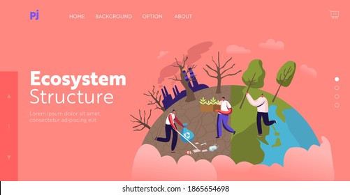 Nature, Environment and Ecology Landing Page Template. Characters Planting Seedlings and Trees in Garden, Remove Garbage. Save World, Reforestation, Revegetation. Cartoon People Vector Illustration