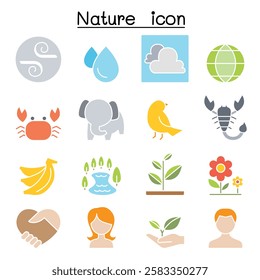 Nature and Environment icon set  in flat color style
