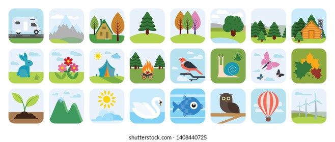Nature and environment icon set. Landscape icons, flat design. Natural beauties.