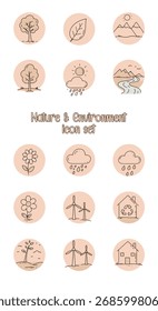 Nature and Environment Icon Set with Trees, Mountains, Flowers, 