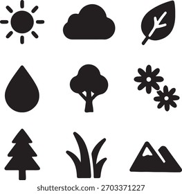 Nature and Environment Icon Set with Trees, Mountains and Weather Symbols
