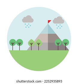 Nature environment icon, symbol, label have mountain cloud rain tree and green ground on circle shape as a modern environmental friendly and green landscape and blue sky and red flag on the mountain 