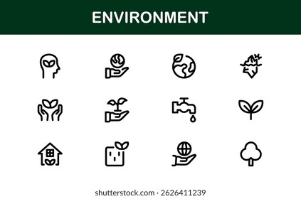 Nature and Environment Icons. Clean Line Art for Green Energy, Ecology, and Earth-Friendly Visuals