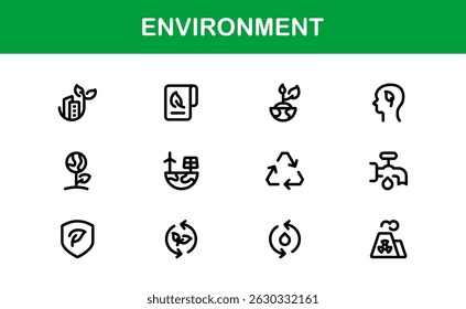 Nature and Environment Icons. Clean Line Art for Green Energy, Ecology, and Earth-Friendly Visuals