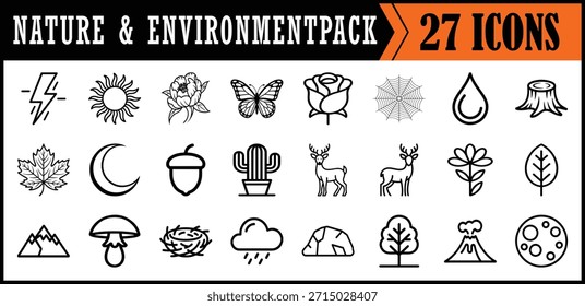 Conjunto de iconos de línea de Naturaleza y medio ambiente, iconos de contorno limpio que ilustran la naturaleza y los Elementos ambientales, adecuados para proyectos ecológicos, Sitios web de sostenibilidad, App y diseños educativos.

