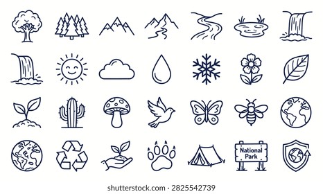 Nature and environment line icon set featuring mountains trees animals and eco symbols for sustainable design projects and outdoor national park branding
