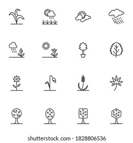 Nature, environment line icons set, outline vector symbol collection, linear style pictogram pack. Signs, logo illustration. Set includes icons as weather cloud, rain, sun, flowers, trees, plants