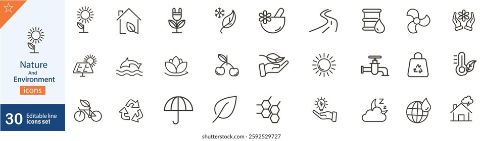 Nature and Environment Line Icons Set. Set of 30 outline icons related to nature, environment, and others. Vector illustration. Linear icons set. Nature  outline icon collection. Editable stroke