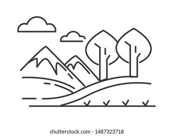 Nature and environment, mountains and hills, trees outline sketch vector. Landscape, meadow and mounts or rocks, clouds above green grass. Plants and vegetation lineart drawing, rural or suburban road