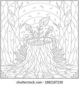 Nature environment of plant sprout on tree root in the forest. Learning and education coloring page illustration for adults and children. Outline style, black and white drawing
