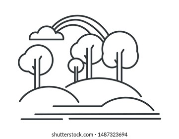 Nature and environment, rainbow and hills, trees outline sketch vector. Landscape, meadow and valley, cloud and grass. Plants and vegetation lineart drawing, rural or suburban road, after rain weather