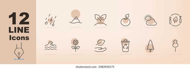 Symbol für Natur- und Umgebungseinstellung. Regen, Berg, Pflanze, Obst, Sonnenwolken, Öko-Lebensmittel, Ozean, Blume, Blatt, Wertstofftonne, Baum, Landschaft, Umweltschutz, natürliche Ressourcen, Nachhaltigkeit