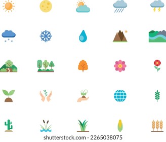 Nature and environment set of icons in flat style. Pack of bright icons of ecology, weather, seasons and landscape. Vector art