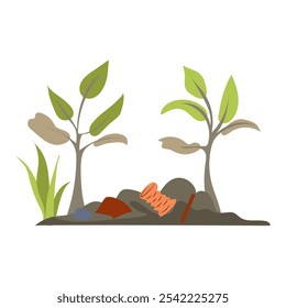 Naturaleza y contaminación ambiental en diseño plano. Plantas que sufren en la basura. Ilustración vectorial aislada.