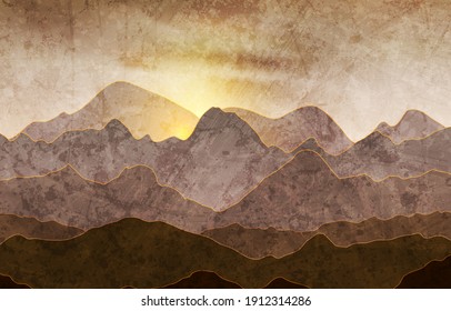 Nature evening landscape with mountain peaks. Mountains traveling vacation vector background. Concept outdoor design