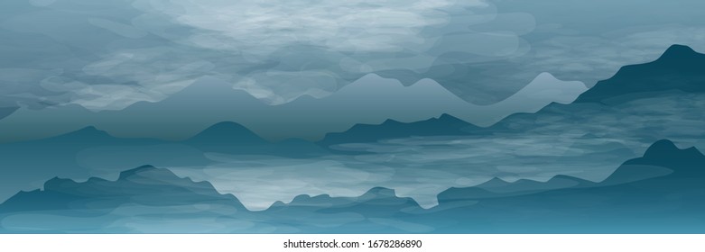  Naturaleza. Noche, cordillera en la niebla. Ilustración vectorial.