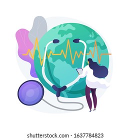 Nature examination idea, planet health day. Ecologist with stethoscope. Eco research. Earth protection, planet treatment, ecology rescue. Vector isolated concept metaphor illustration