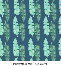 Naturaleza exótica, los folletos se caracterizan por un patrón ininterrumpido de colores azul y turquesa con adornos de hojas de palma. Diseño gráfico para envolver texturas de papel y tela. Ilustración vectorial.